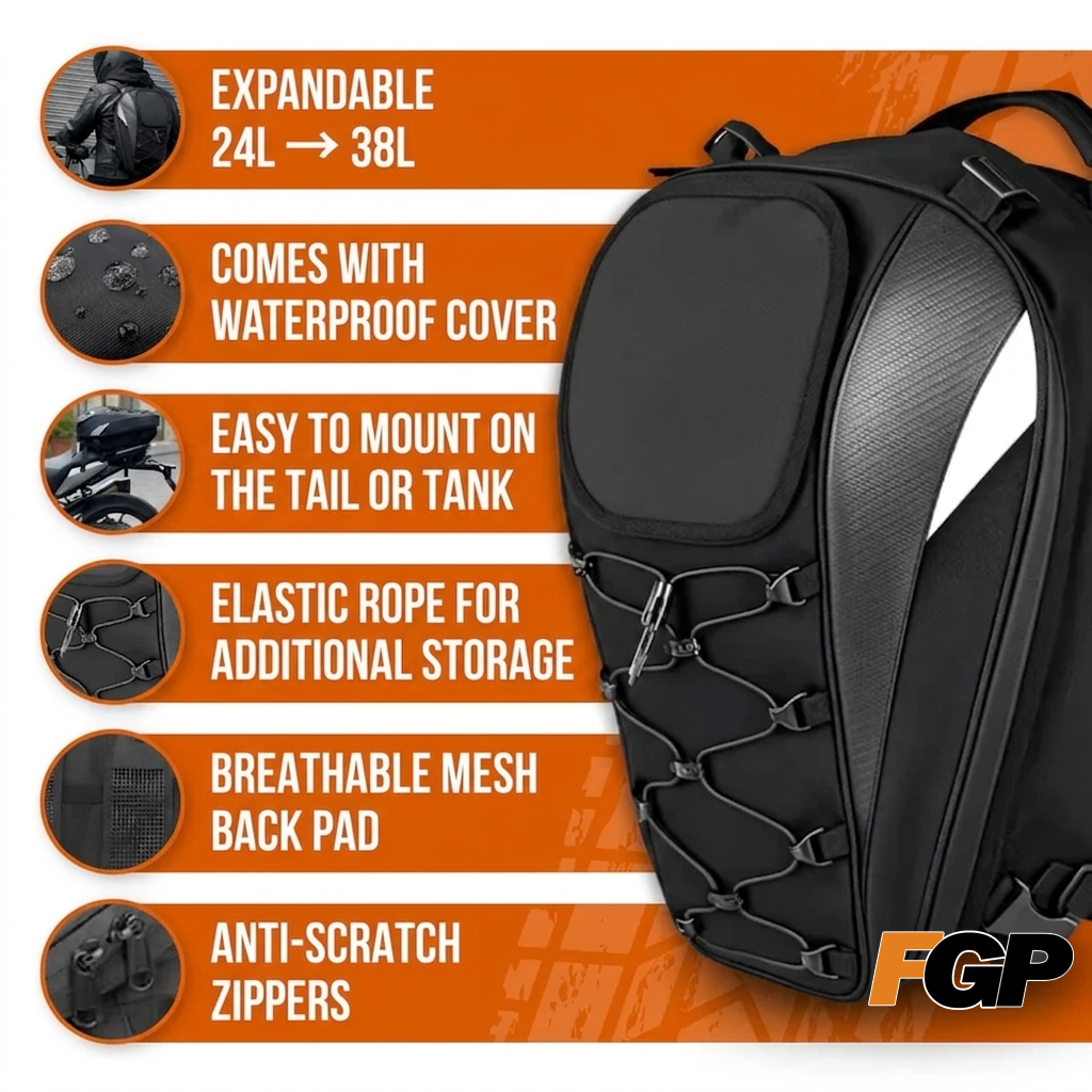FGP™ Universal Expandable Motorcycle Tail Bag/Backpack (25L-38L)